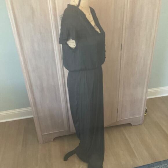 Anthropologie Current Air Black  wide leg jumpsuit pants  pleated ruched v neck - Picture 10 of 15